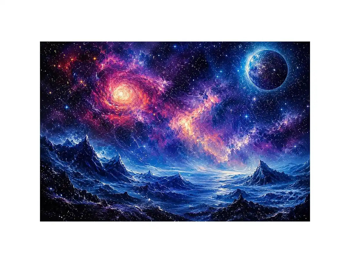 Cosmic nebula over icy alien terrain