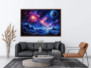 Cosmic nebula over icy alien terrain