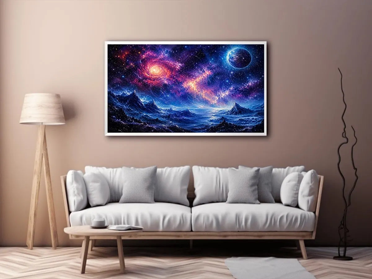 Cosmic nebula over icy alien terrain