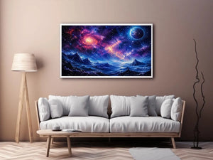 Cosmic nebula over icy alien terrain