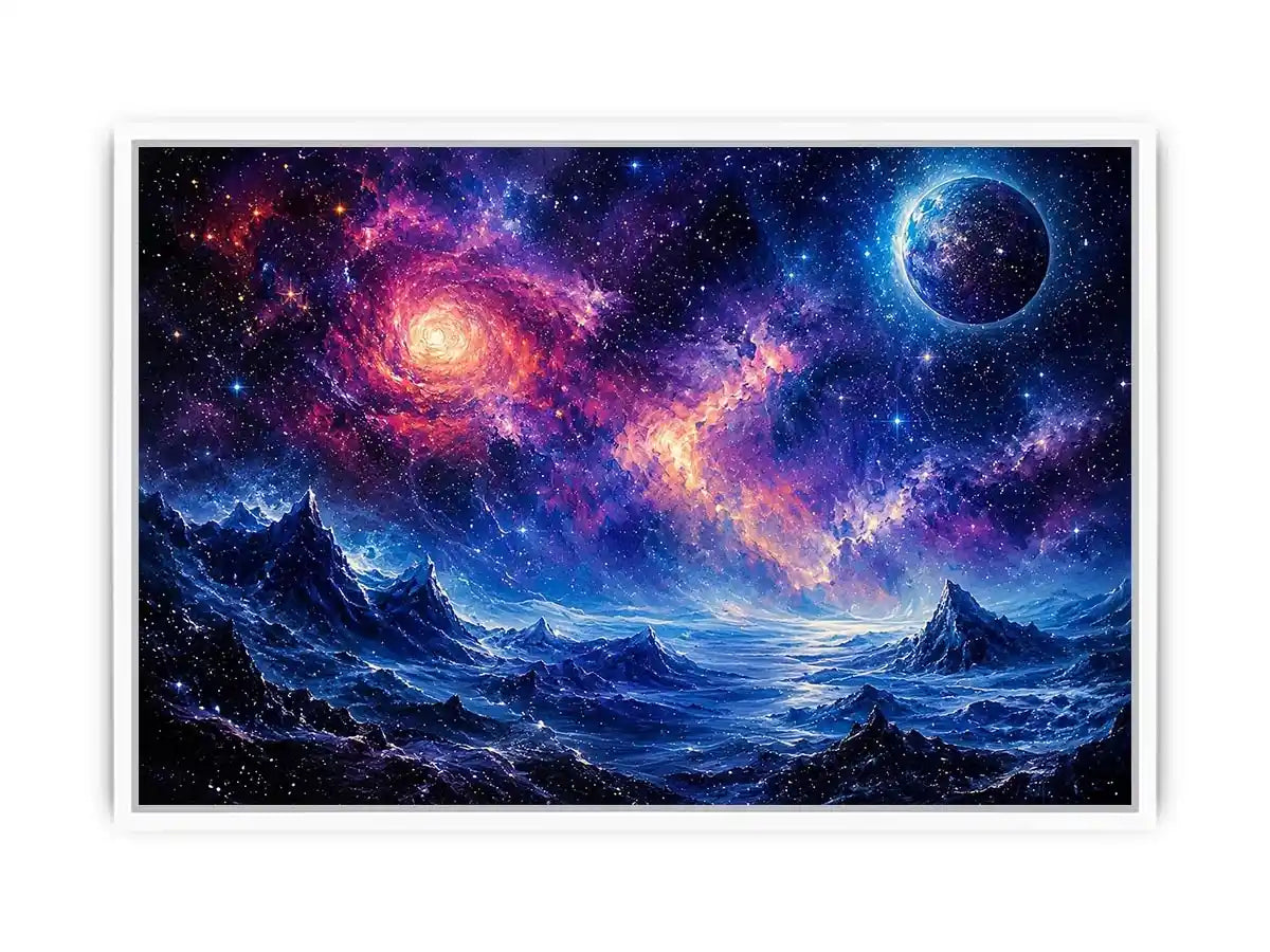 Cosmic nebula over icy alien terrain