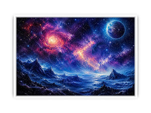 Cosmic nebula over icy alien terrain
