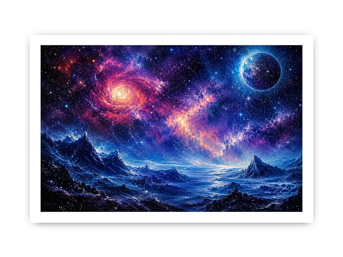 Cosmic nebula over icy alien terrain