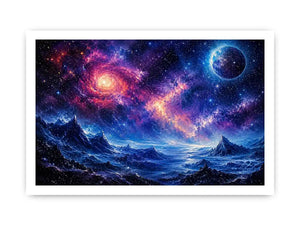 Cosmic nebula over icy alien terrain