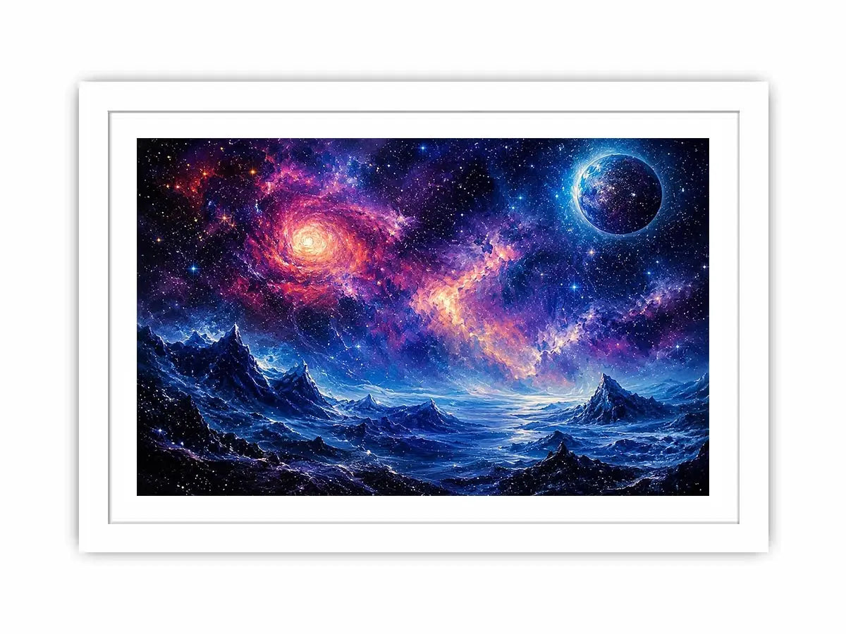 Cosmic nebula over icy alien terrain