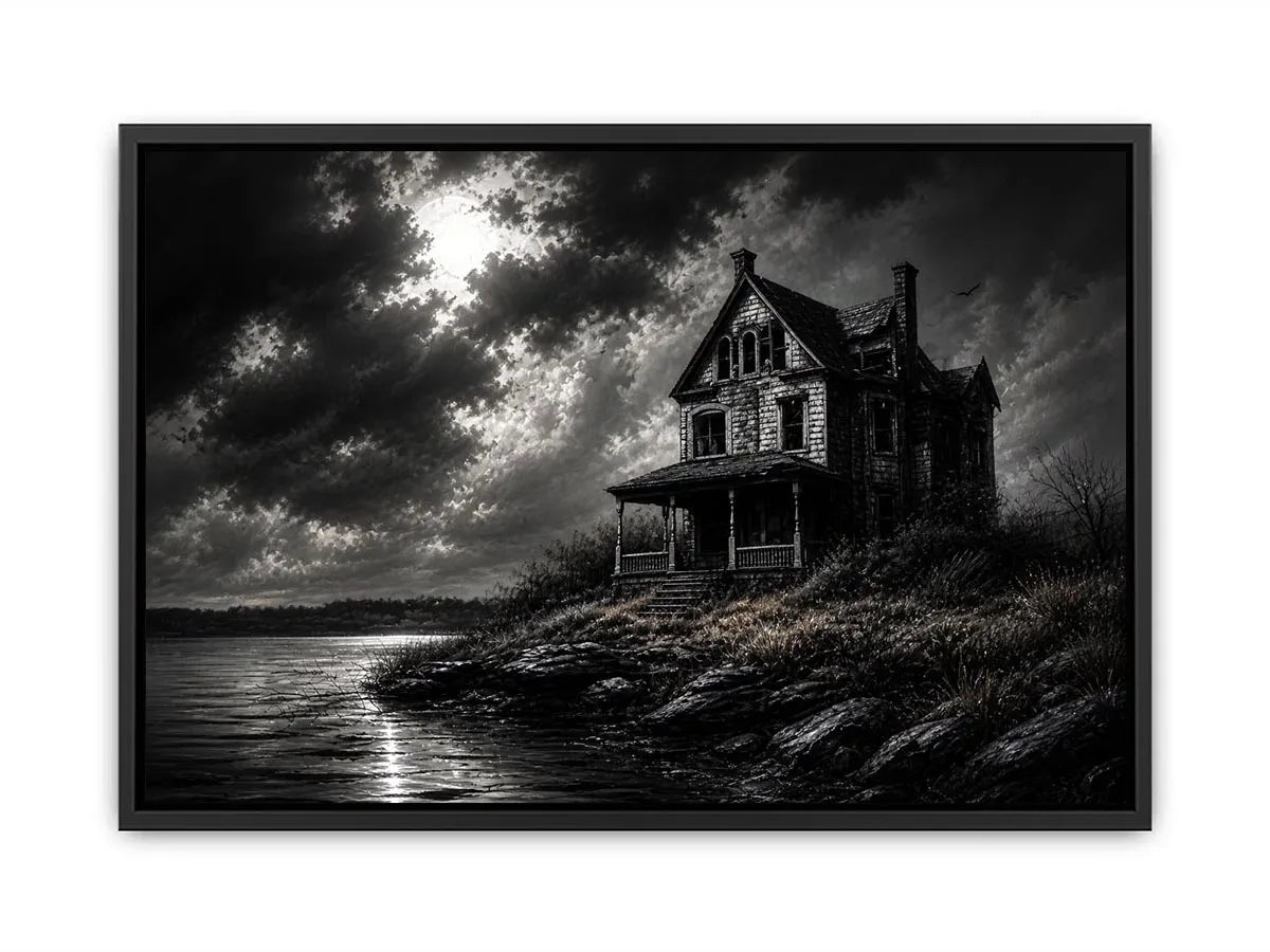 Eerie lakeside with a haunting mansion