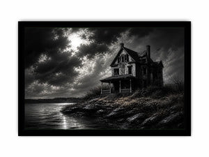 Eerie lakeside with a haunting mansion