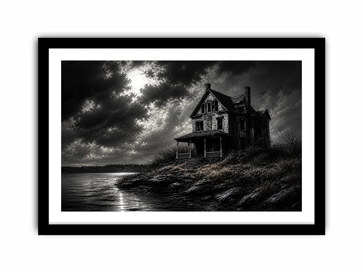 Eerie lakeside with a haunting mansion