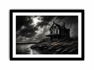Eerie lakeside with a haunting mansion
