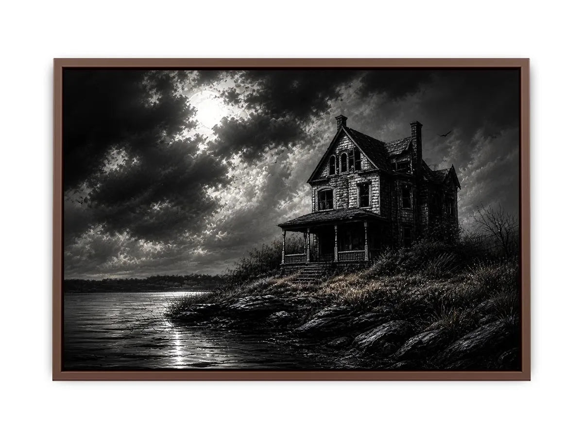 Eerie lakeside with a haunting mansion