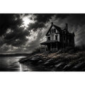 Eerie lakeside with a haunting mansion