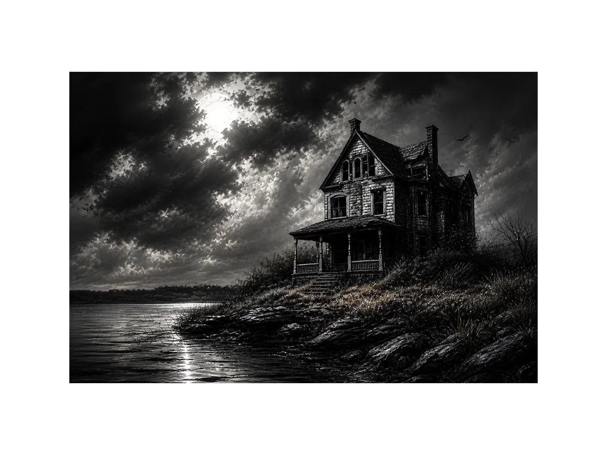 Eerie lakeside with a haunting mansion