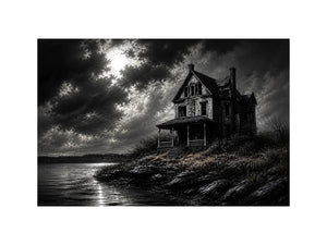 Eerie lakeside with a haunting mansion