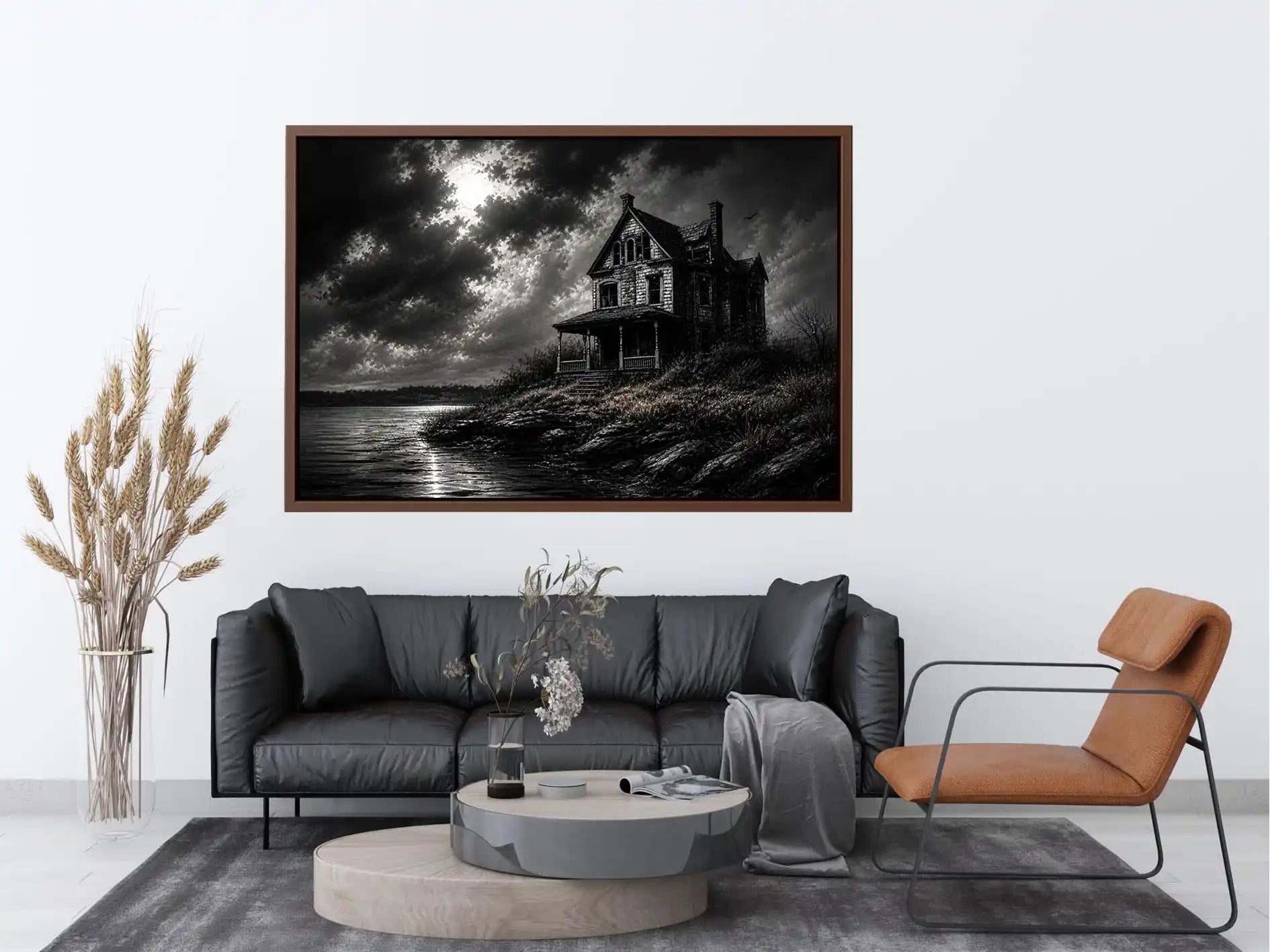 Eerie lakeside with a haunting mansion