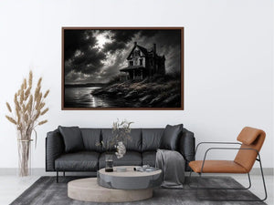 Eerie lakeside with a haunting mansion
