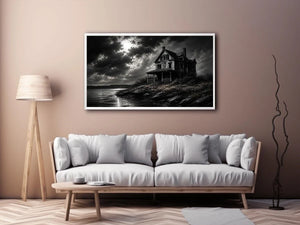 Eerie lakeside with a haunting mansion