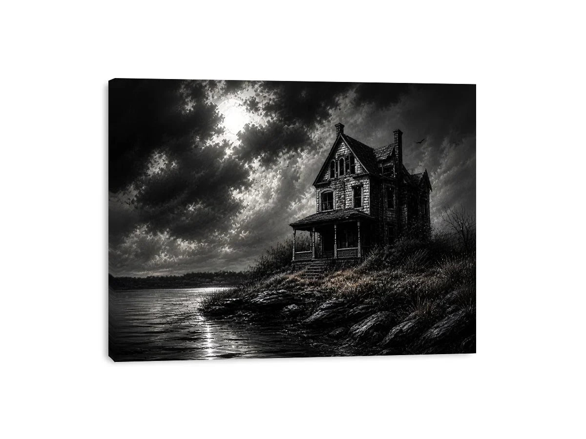 Eerie lakeside with a haunting mansion