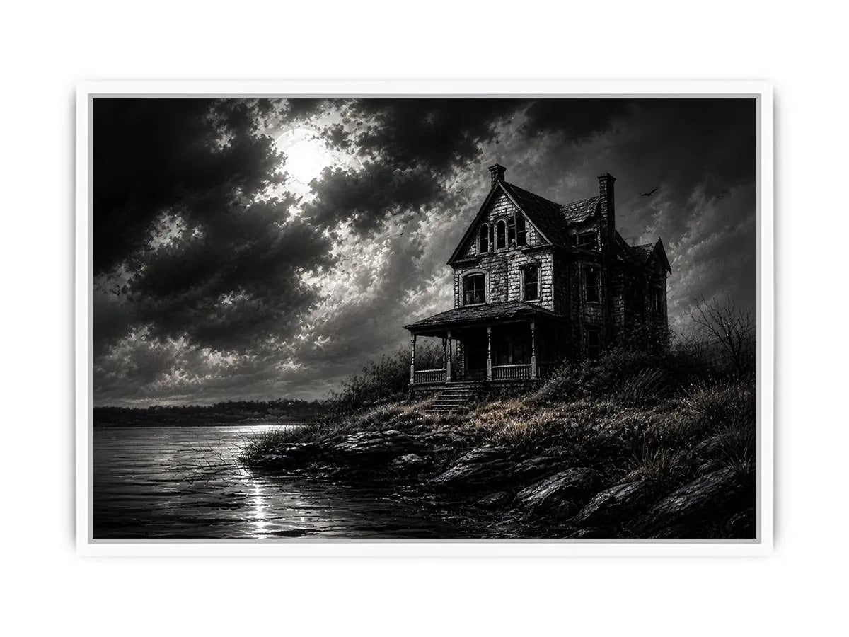 Eerie lakeside with a haunting mansion