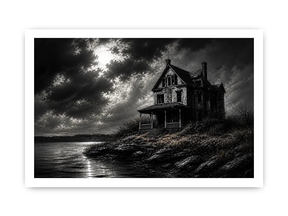Eerie lakeside with a haunting mansion