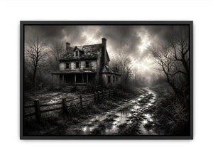 Eerie abandoned farmhouse in mist