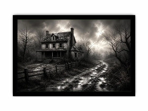 Eerie abandoned farmhouse in mist