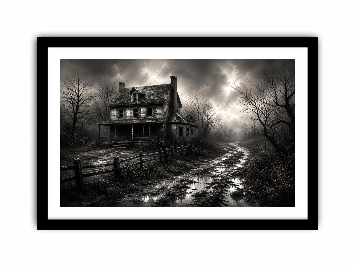 Eerie abandoned farmhouse in mist