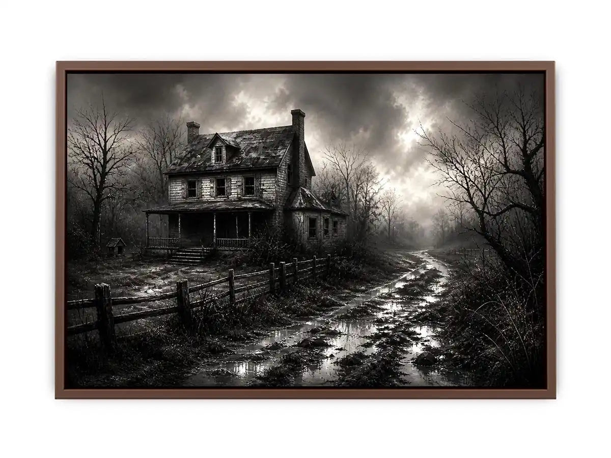 Eerie abandoned farmhouse in mist