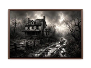 Eerie abandoned farmhouse in mist