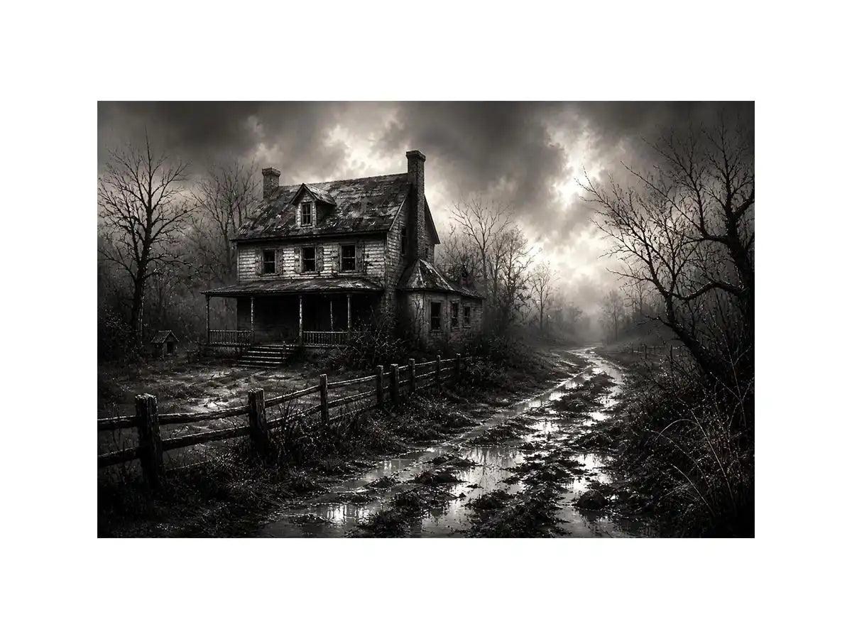 Eerie abandoned farmhouse in mist