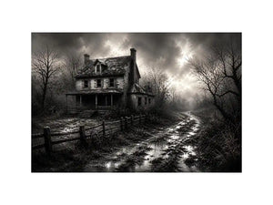 Eerie abandoned farmhouse in mist