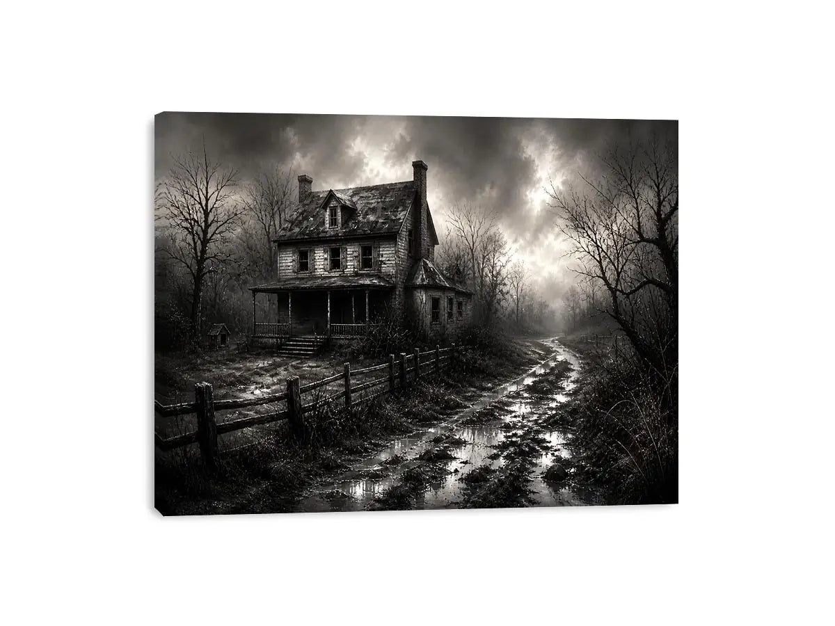 Eerie abandoned farmhouse in mist