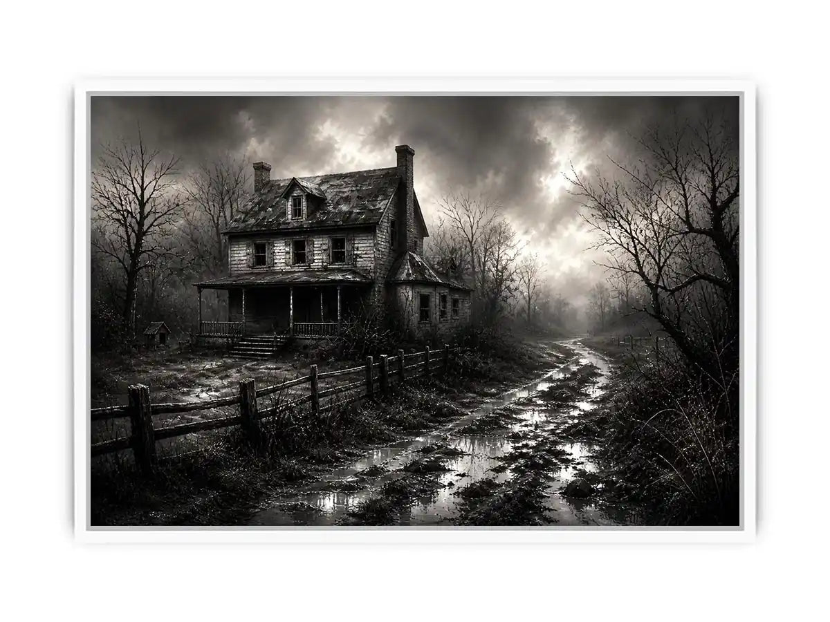 Eerie abandoned farmhouse in mist