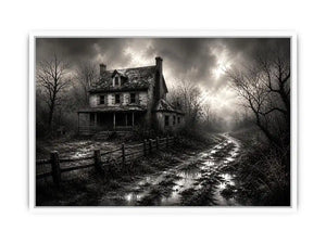 Eerie abandoned farmhouse in mist