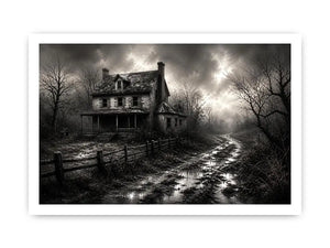 Eerie abandoned farmhouse in mist