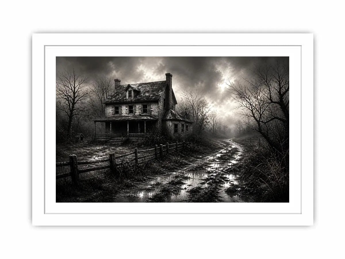 Eerie abandoned farmhouse in mist