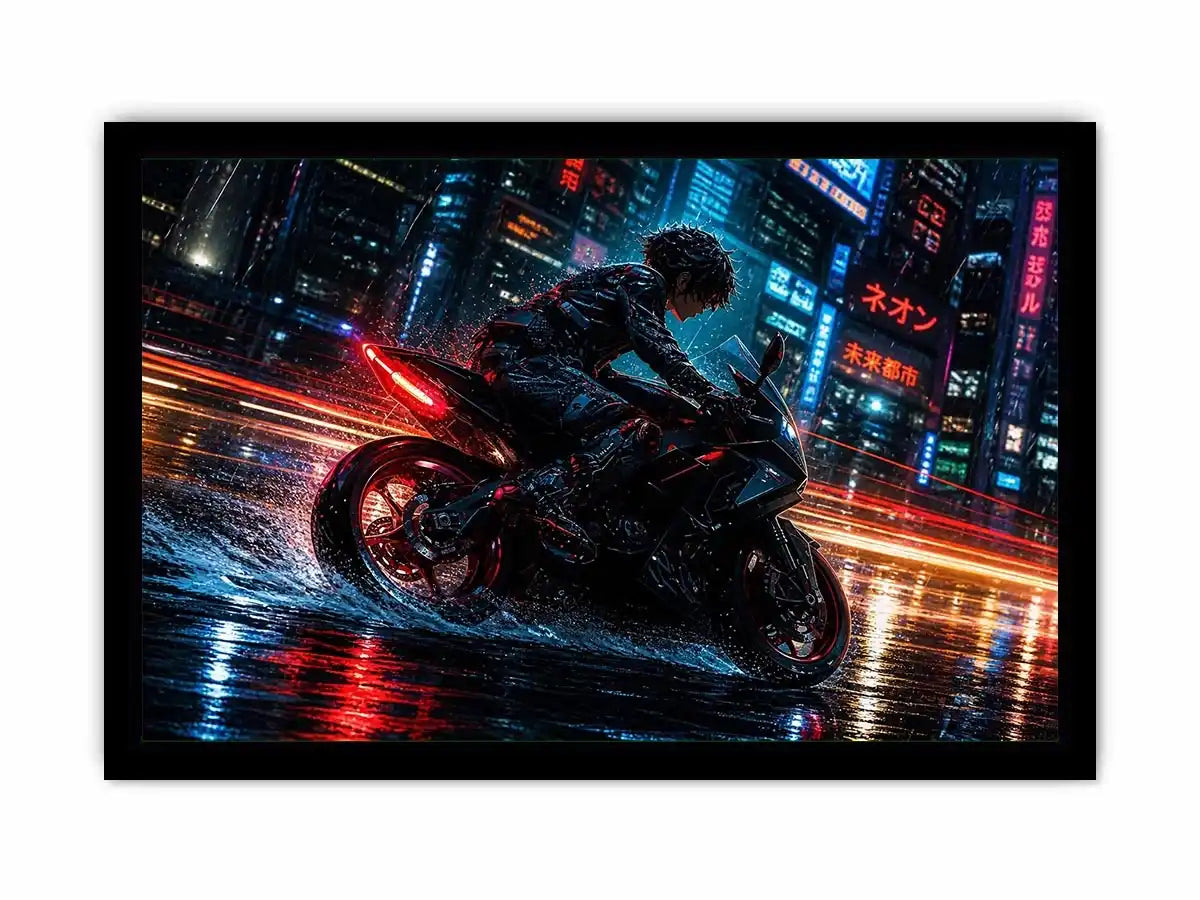 Neon rider in the cyberpunk rain