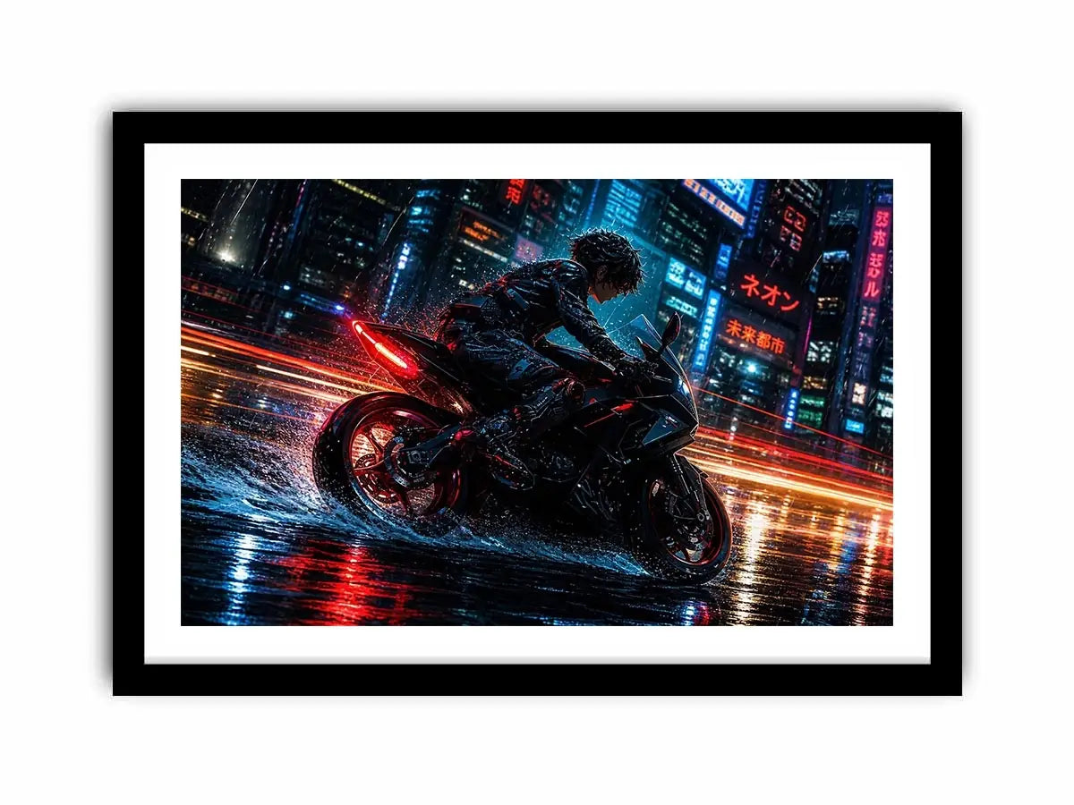 Neon rider in the cyberpunk rain