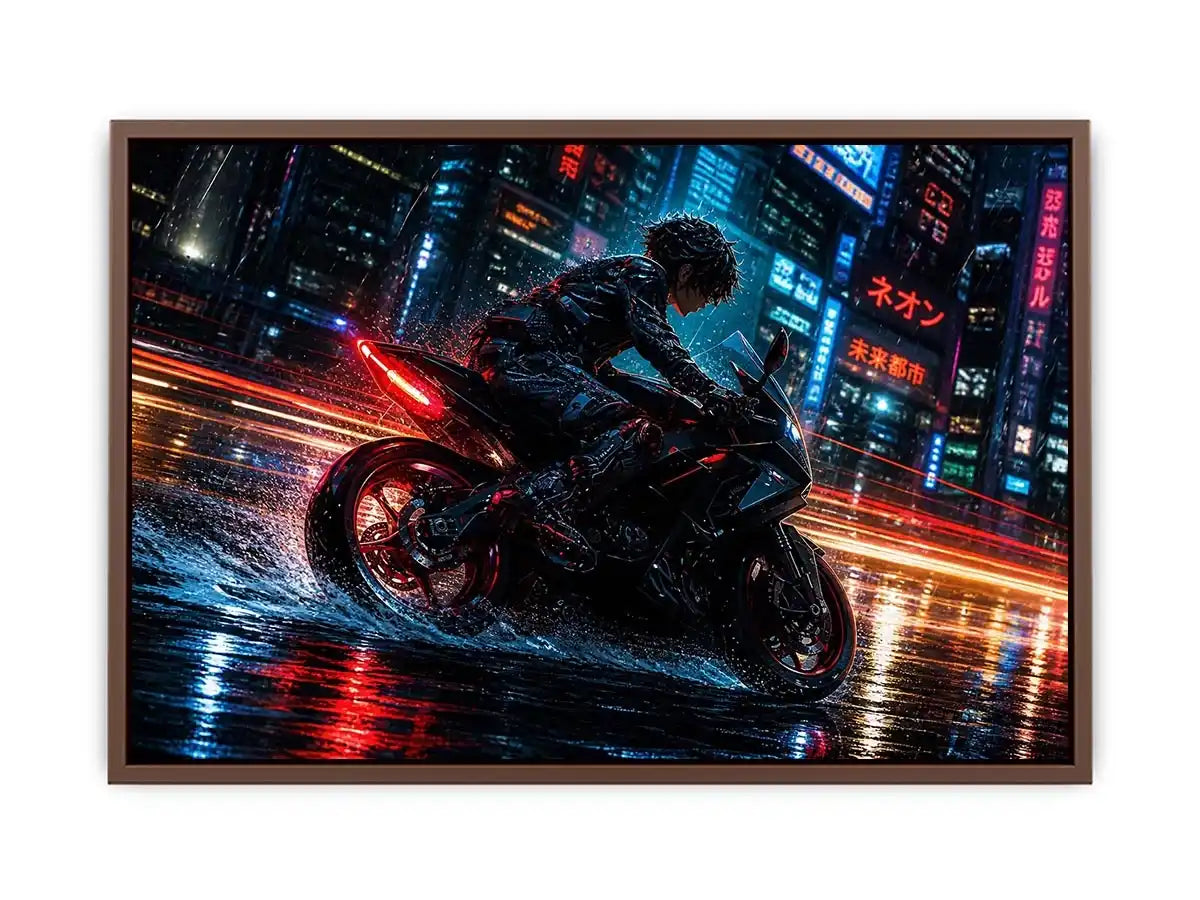 Neon rider in the cyberpunk rain