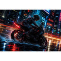 Neon rider in the cyberpunk rain