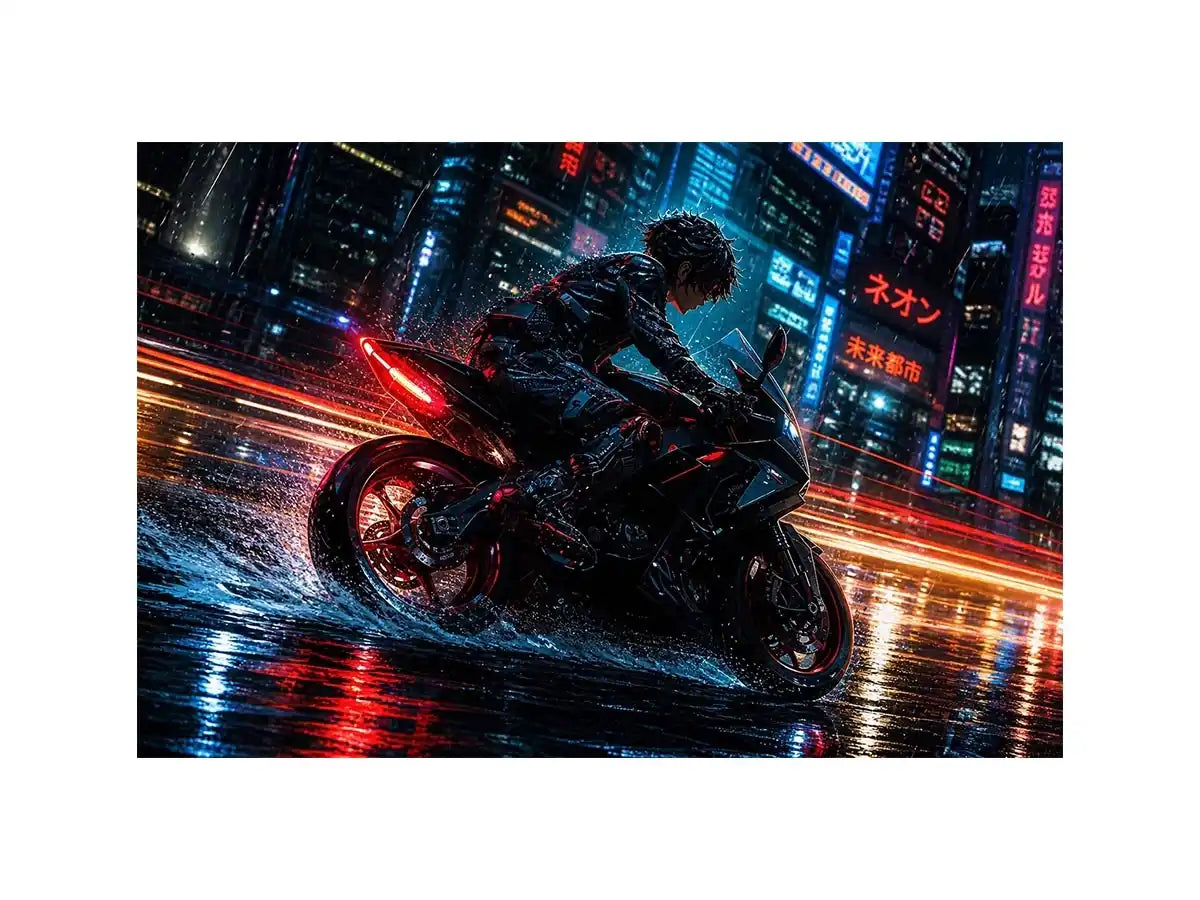 Neon rider in the cyberpunk rain