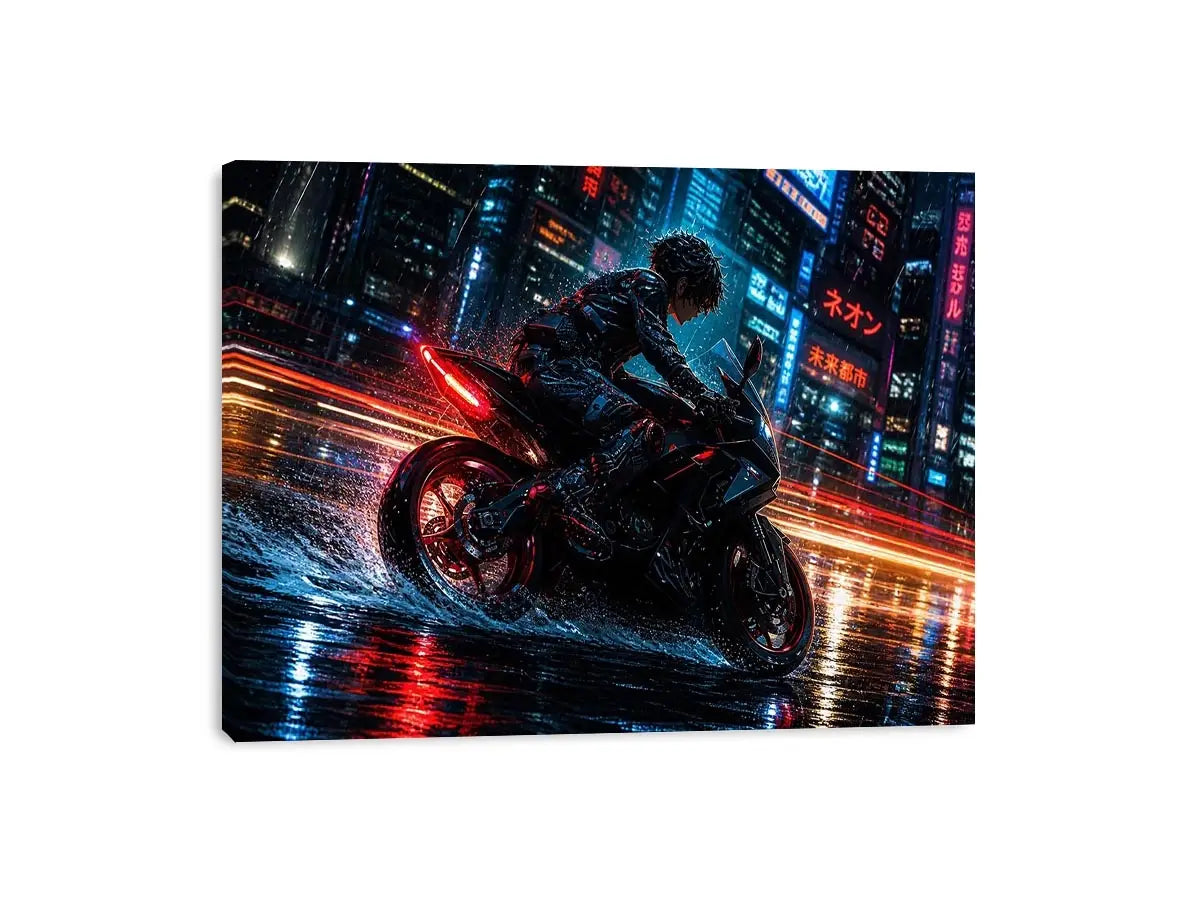 Neon rider in the cyberpunk rain