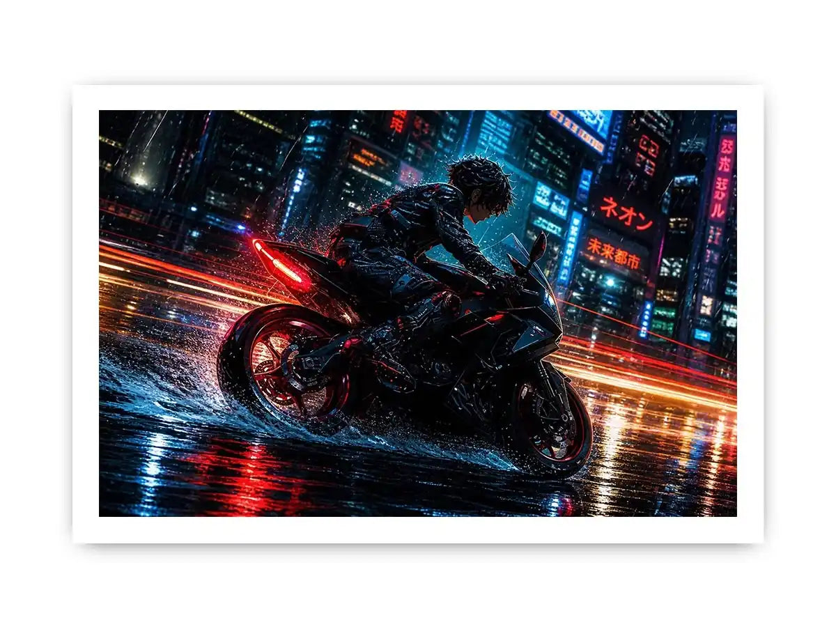 Neon rider in the cyberpunk rain