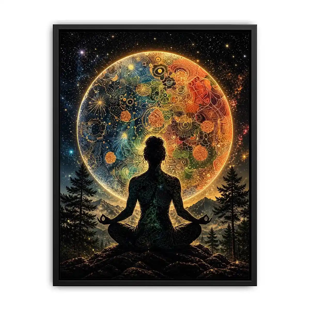 Cosmic meditation under a radiant mandala