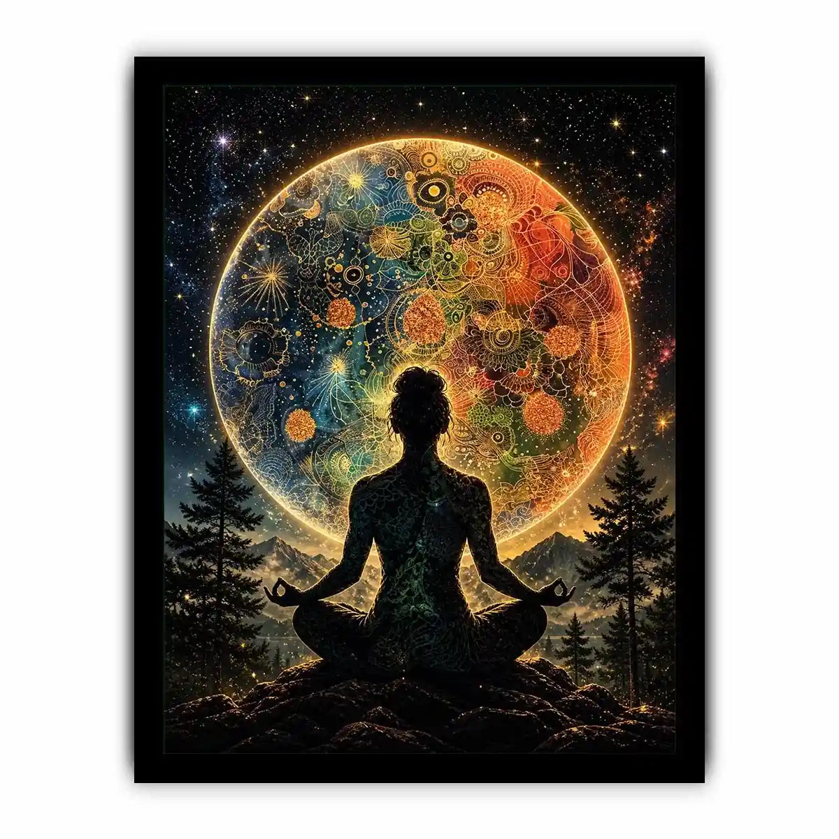 Cosmic meditation under a radiant mandala
