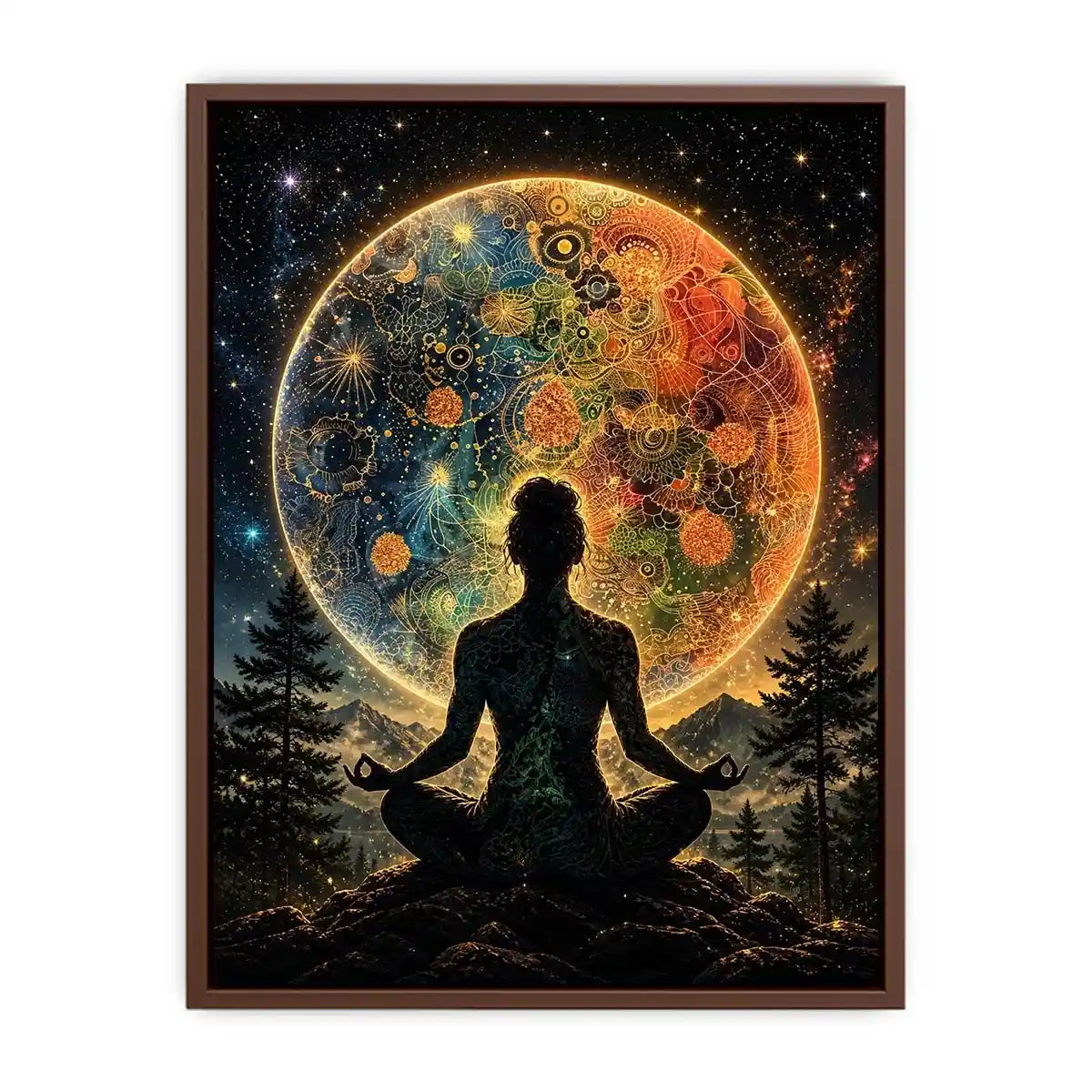 Cosmic meditation under a radiant mandala