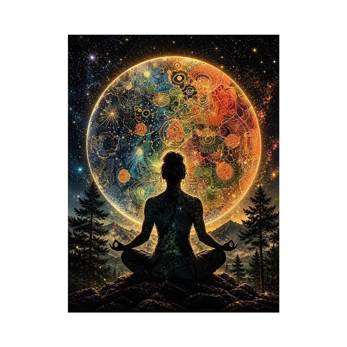 Cosmic meditation under a radiant mandala