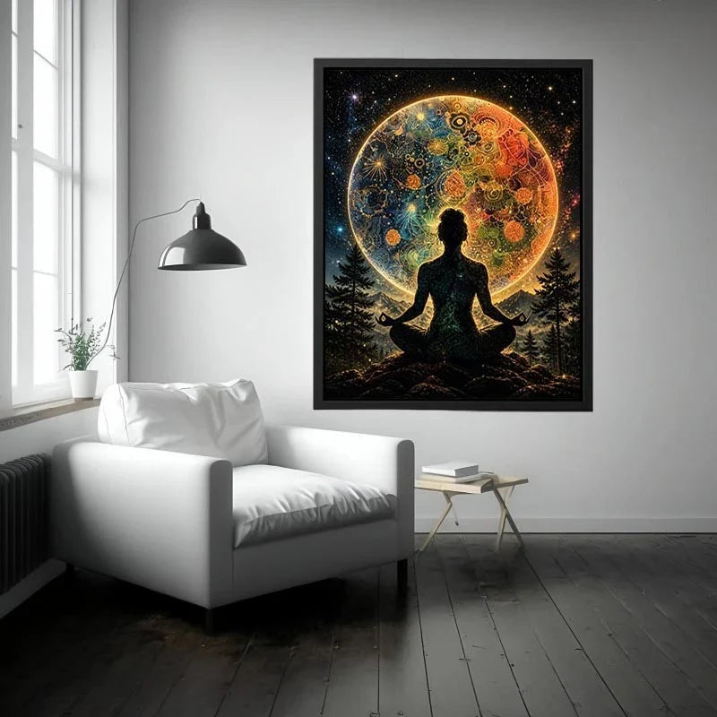 Cosmic meditation under a radiant mandala