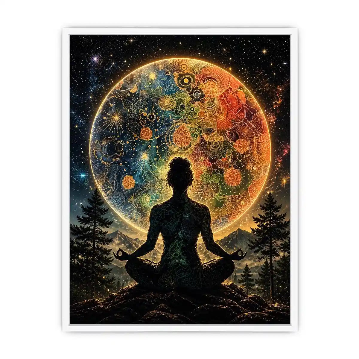 Cosmic meditation under a radiant mandala
