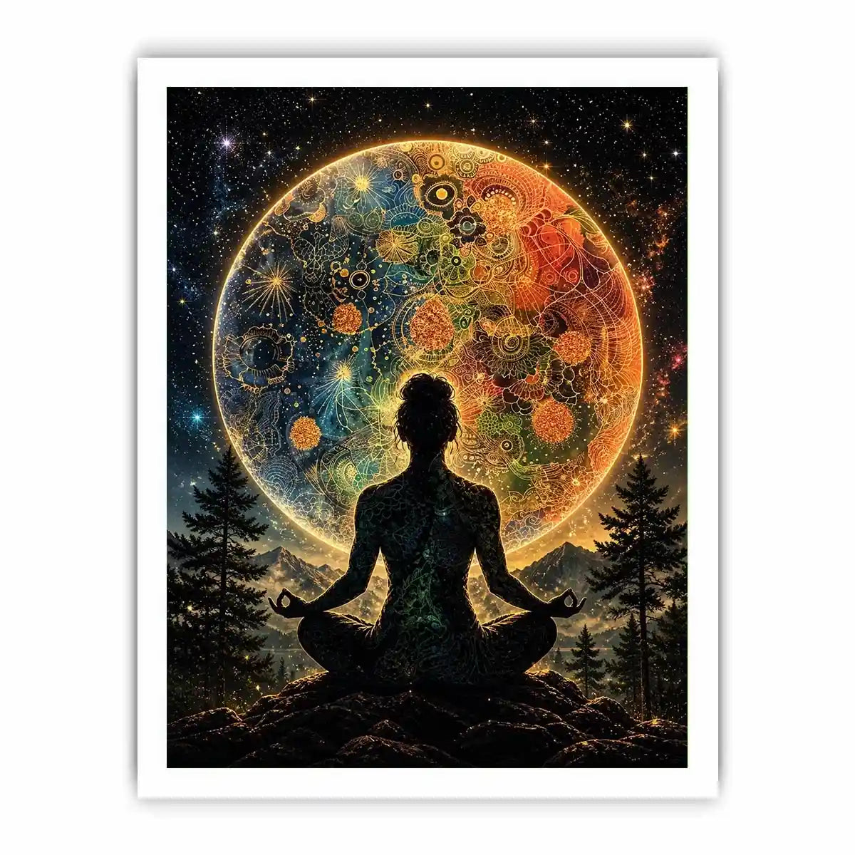 Cosmic meditation under a radiant mandala