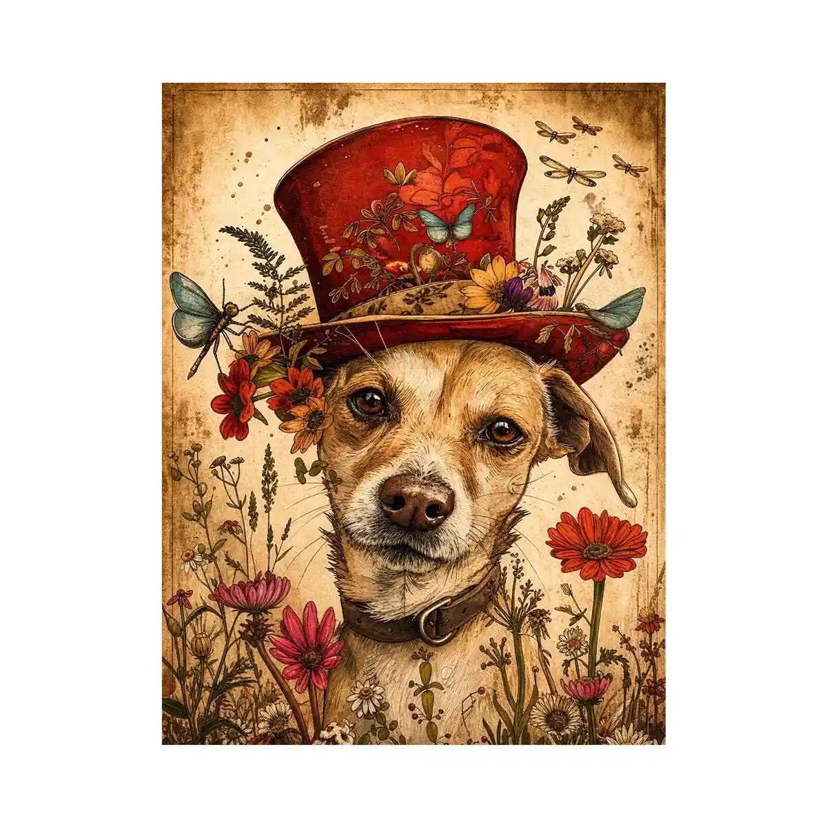 Vintage botanical portrait of a dog